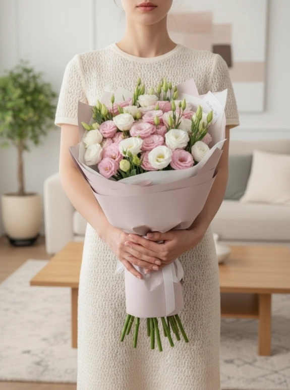 15 Beyaz Gül Ve Pembe Buket